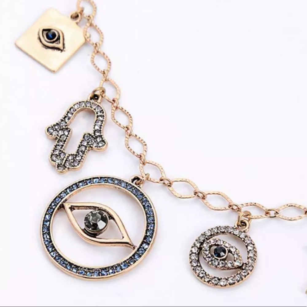 Evil Eye Antique Gold & Rhinestone Charm Bracelet - Picture 3 of 7